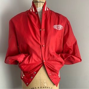 Vintage DuPont Red White Satin Snap Bomber Jacket USA Mens Medium Racing 80s